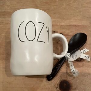 NWT Rae Dunn Cozy black and white mug wooden engraved spoon Any occasion gift
